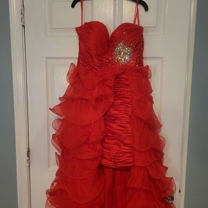 EUC Mac Duggal size 12 Red Ruffle Strapless Mini Dress with Train